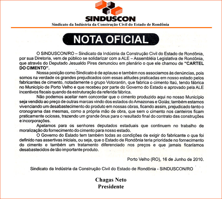 NOTA OFICIAL DO SINDICATO DA INDÚSTRIA DA CONSTRUÇÃO CIVIL DO ESTADO DE RONDÔNIA