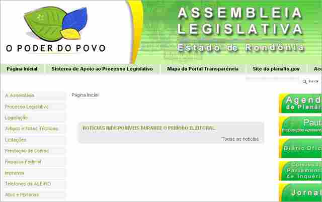 Assembléia de Rondônia retira matérias de deputados do site oficial