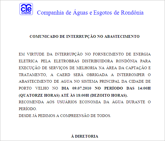 CAERD - Comunicado de interrupção no abastecimento