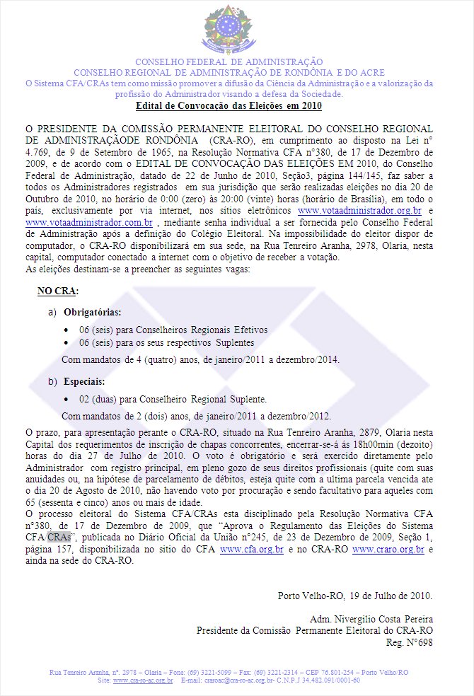 Conselho Regional de Administração de Rondônia e do Acre - Edital de Convocação das Eleições em 2010 - (1)