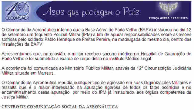 Comando da Aeronáutica emite nota sobre agressões na Base Aérea de Porto Velho