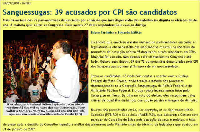 Mídia nacional dá destaque a envolvimento de Nilton Capixaba na Máfia dos Sansessugas