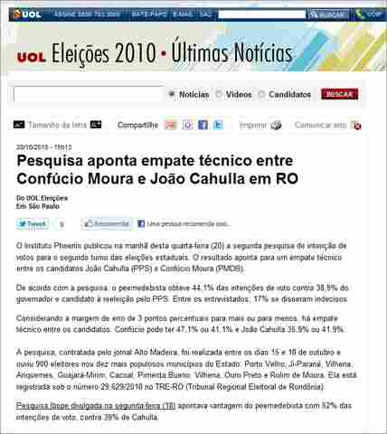 UOL: Pesquisa aponta empate técnico entre Confúcio Moura e João Cahulla em RO