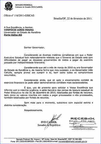 Em ofício, Cassol exige explicações de Confúcio sobre endividamento do Estado