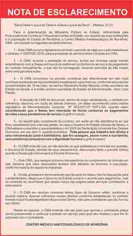 Nota de Esclarecimento - Centro Médico Anestesiológico de Rondônia