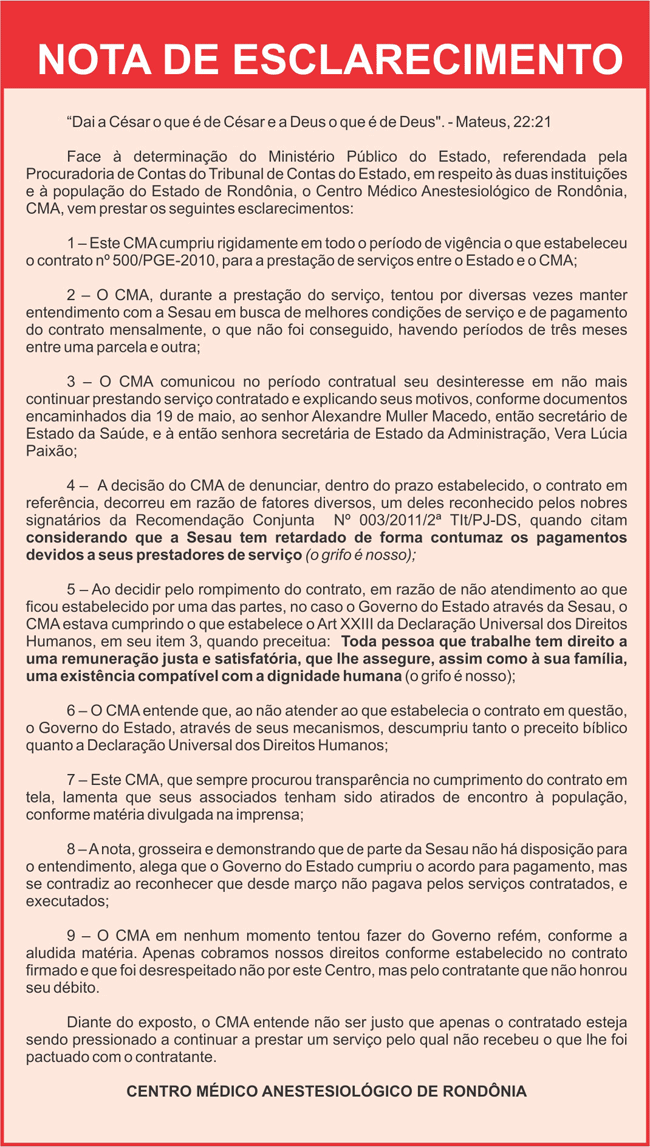 Nota de Esclarecimento - Centro Médico Anestesiológico de Rondônia