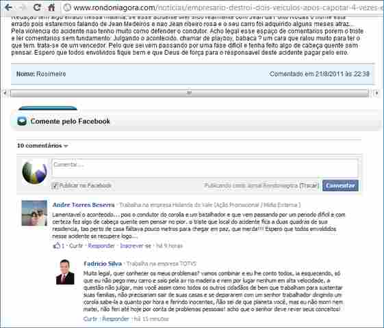 Comente o noticiário do RONDONIAGORA via Facebook ou MSN