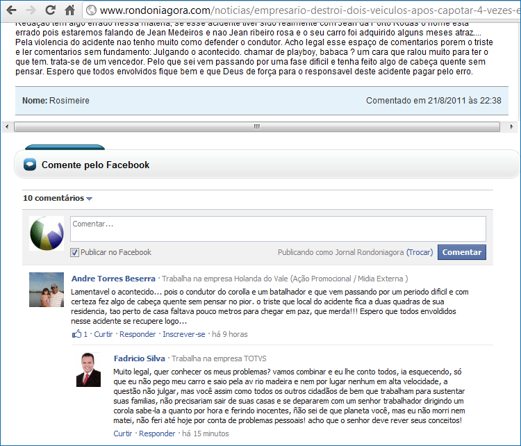 Comente o noticiário do RONDONIAGORA via Facebook ou MSN