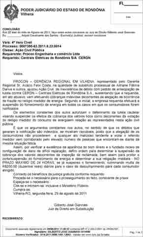 COBRANÇAS INDEVIDAS DA CERON SÃO SUSPENSAS PELA JUSTIÇA; ÍNTEGRA DA DECISÃO