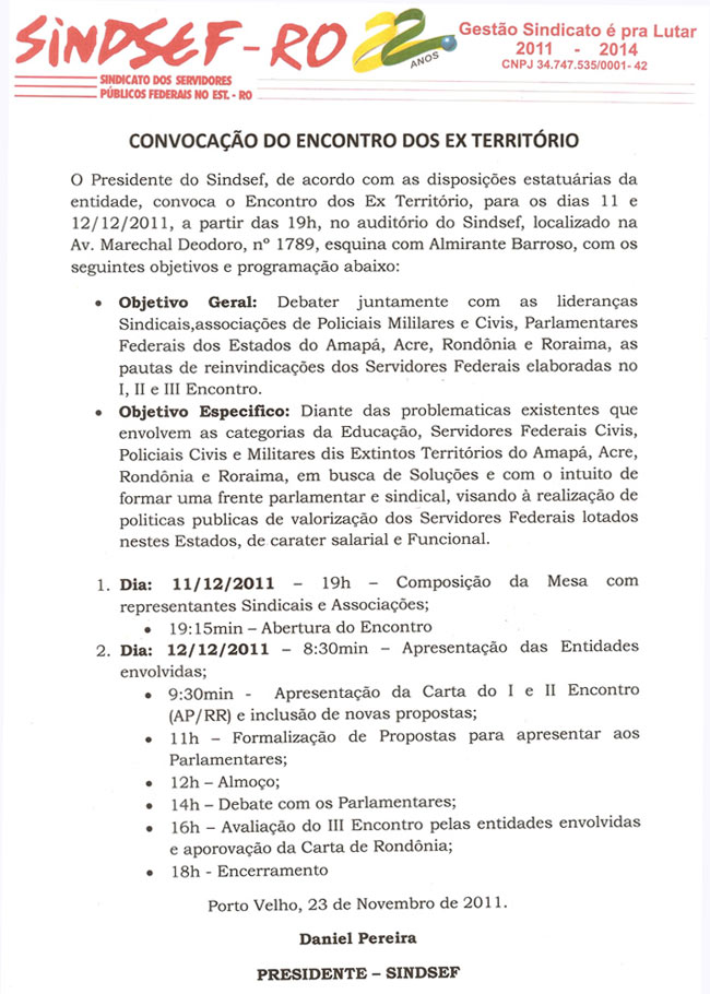 Convocação - servidores do ex-território