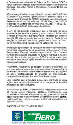 NOTA DE ESCLARECIMENTO À INDÚSTRIA DE RONDÔNIA