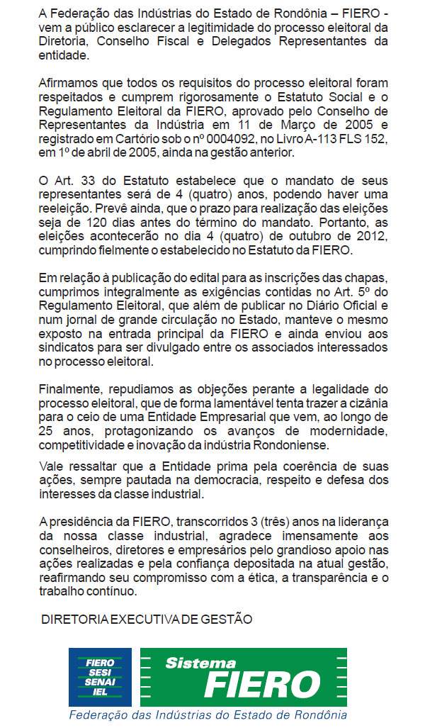 NOTA DE ESCLARECIMENTO À INDÚSTRIA DE RONDÔNIA