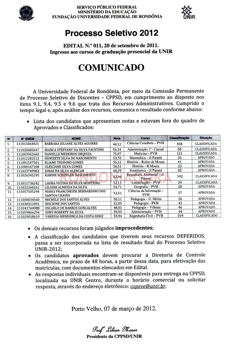 UNIR DIVULGA RESPOSTAS A RECURSOS APRESENTADOS CONTRA RESULTADO DO VESTIBULAR
