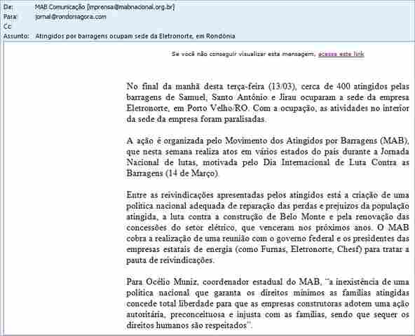 Notícia falsa: Sede da Eletronorte não foi ocupada por atingidos por barragem