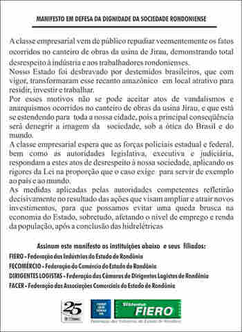 NOTA DE REPÚDIO  FIERO  FECOMÉRCIO  DIRIGENTES LOJISTAS - FACER