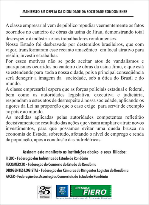 NOTA DE REPÚDIO  FIERO  FECOMÉRCIO  DIRIGENTES LOJISTAS - FACER