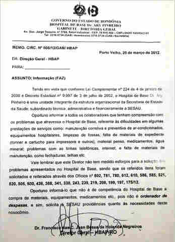Faltam medicamentos, água mineral, limpeza de fossas e &#34;etcetera&#34; na maior unidade hospitalar de RO