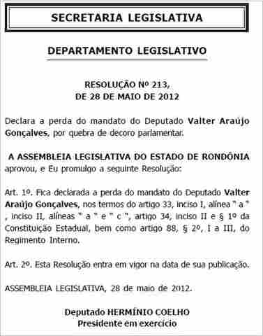 PUBLICADA RESOLUÇÃO QUE DECLARA EXTINÇÃO DO MANDATO DE VALTER ARAÚJO