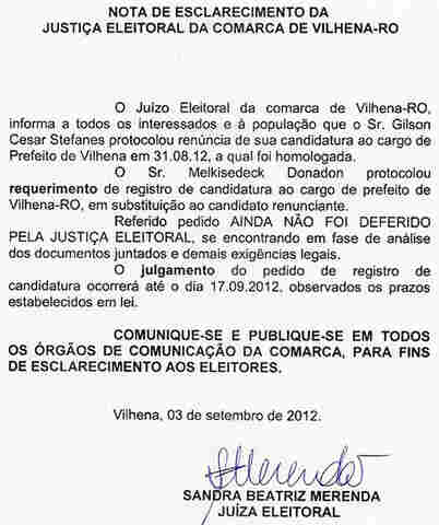 Juíza explica que Melki Donadon não é candidato