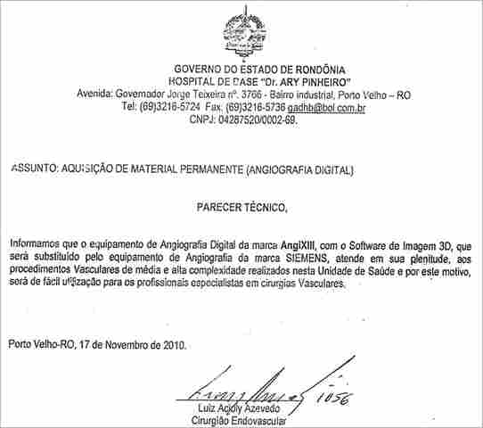 MÉDICO DÁ PARECER FAVORÁVEL PARA COMPRA DE EQUIPAMENTO SUPERFATURADO NO HB