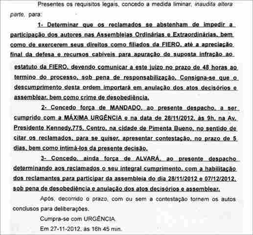 JUSTIÇA SUSPENDE ATOS ARBITRÁRIOS DO PRESIDENTE DA FIERO