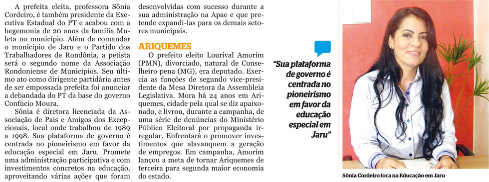 Novos prefeitos: Professora Sônia rompe com Governo Confúcio