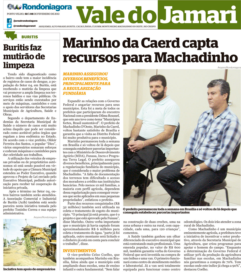 Vale do Jamari: Marinho da Caerd capta recursos para Machadinho