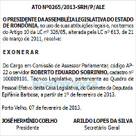 ASSEMBLEIA EXONERA ROBERTO SOBRINHO DO QUADRO DE COMISSIONADOS