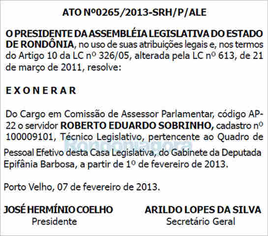 ASSEMBLEIA EXONERA ROBERTO SOBRINHO DO QUADRO DE COMISSIONADOS