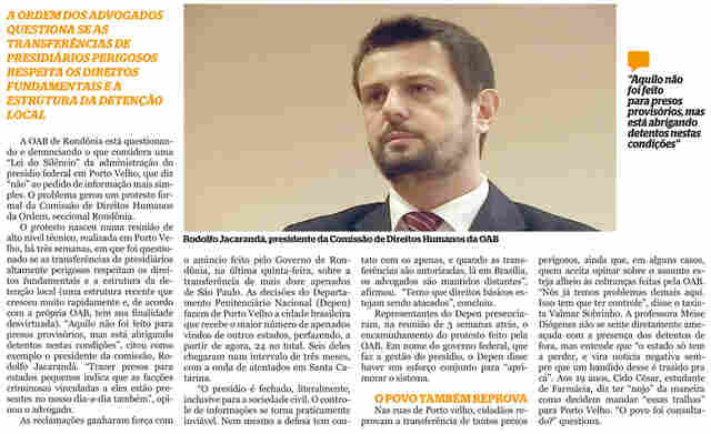 OAB PROTESTA CONTRA TRANSFERÊNCIA DE PRESOS PARA PRESÍDIO FEDERAL