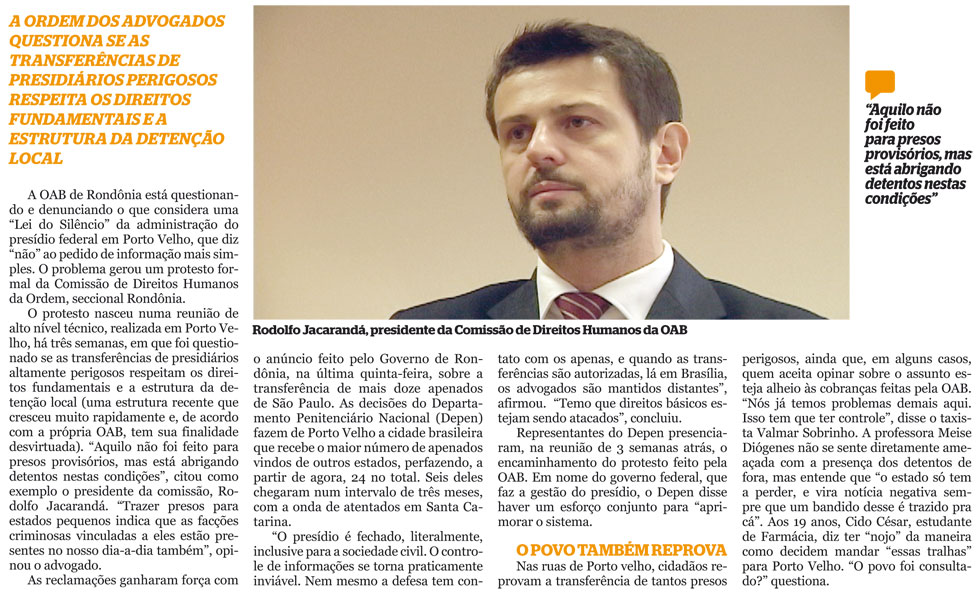 OAB PROTESTA CONTRA TRANSFERÊNCIA DE PRESOS PARA PRESÍDIO FEDERAL