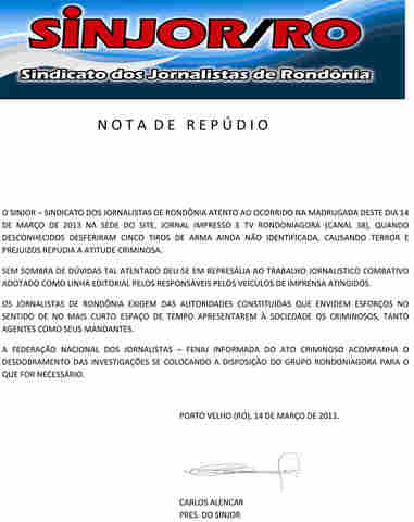 Nota de Repúdio do Sindicato dos Jornalistas de Rondônia