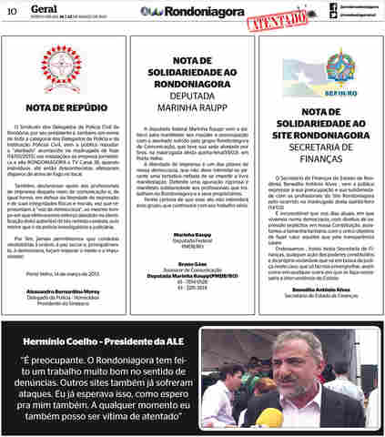 Notas de repúdio contra ataque a sede do Rondoniagora; Presidente da ALE repudia violência