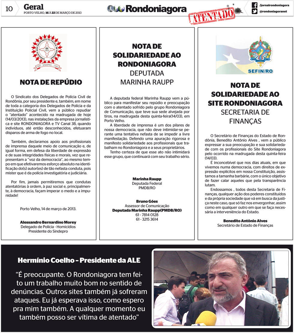 Notas de repúdio contra ataque a sede do Rondoniagora; Presidente da ALE repudia violência