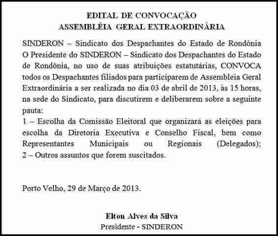 Sinderon - Edital de Convocação - Assembléia Geral Extraordinária