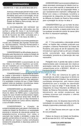DECRETO DE CONFÚCIO PREVÊ ATÉ QUATRO MESES DE INTERVENÇÃO DA PM NOS PRESÍDIOS DE RONDÔNIA; Confira na íntegra