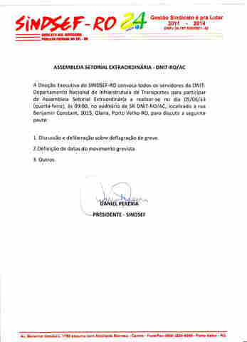 DNIT - Edital de Convocação - Assembléia &#83;etorial Extraordinária