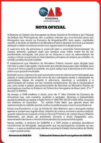 Nota Oficial da OAB de Rondônia