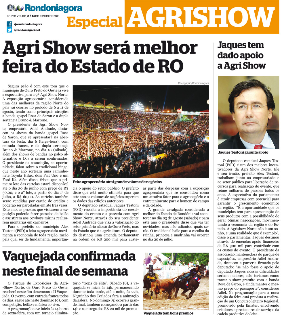 Especial AgriShow, em agosto em Ouro Preto do Oeste