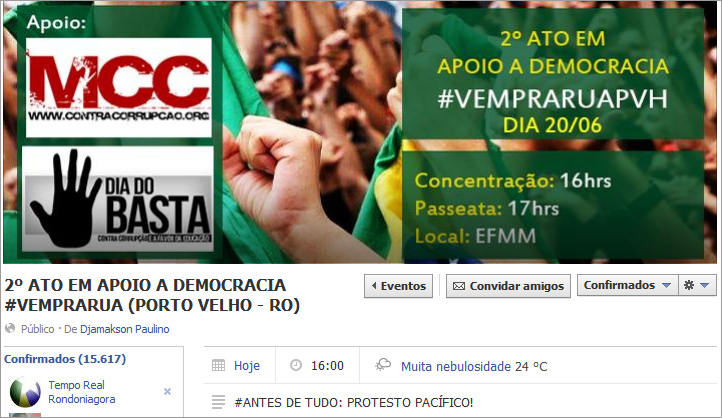 PELO FACEBOOK, MAIS DE 15 MIL JÁ CONFIRMARAM PRESENÇA EM ATO CONTRA CORRUPÇÃO NESTA QUINTA