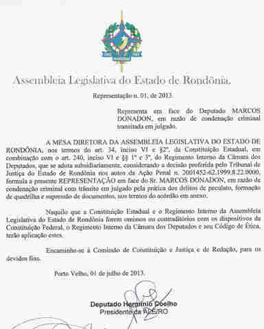 CCJ DA ASSEMBLEIA RECEBE REPRESENTAÇÃO CONTRA DONADON; Veja documento