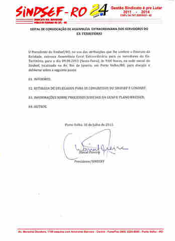 Edital de Convocação de Assembleia Extraordinária dos Servidores do Ex-Território