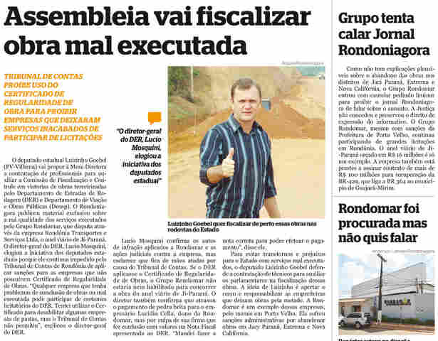 ASSEMBLEIA ANUNCIA QUE VAI FISCALIZAR OBRAS SUSPEITAS