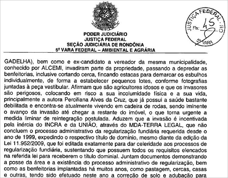 JUSTIÇA FEDERAL DETERMINA REINTEGRAÇÃO DE ÁREA INVADIDA POR VEREADOR DE CANDEIAS DO JAMARI