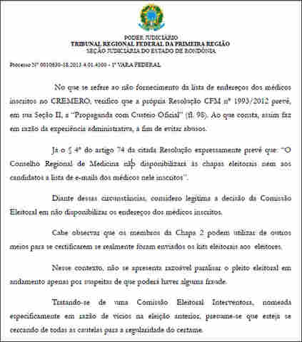 JUIZ NEGA NOVA TENTATIVA DA CHAPA 2 EM SUSPENDER ELEIÇÕES NO CREMERO