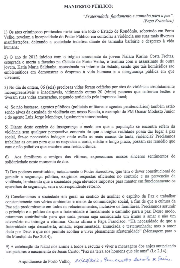 Manifesto público da Arquidiocese de Porto Velho