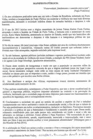 Manifesto público da Arquidiocese de Porto Velho