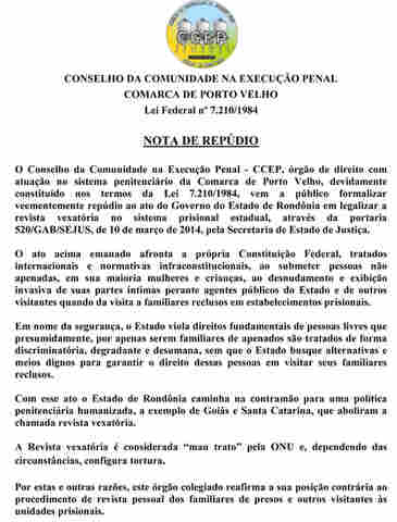 Conselho da comunidade na &#101;xecução penal  Nota de repúdio