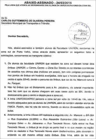 Com abaixo assinado, acadêmicos da Uniron cobram linha de ônibus para retorno à Zona Sul