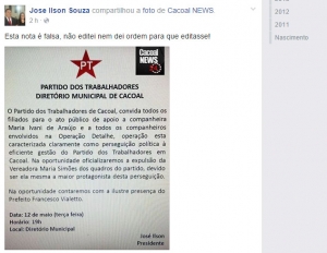 PRESIDENTE DO PT NEGA QUE EMITIU NOTA E DIZ QUE NÃO COMPACTUA COM CORRUPÇÃO